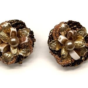 Vintage 1950's Faux Pearl and Beads Floral Cluster 1" Clip on Earrings Japan